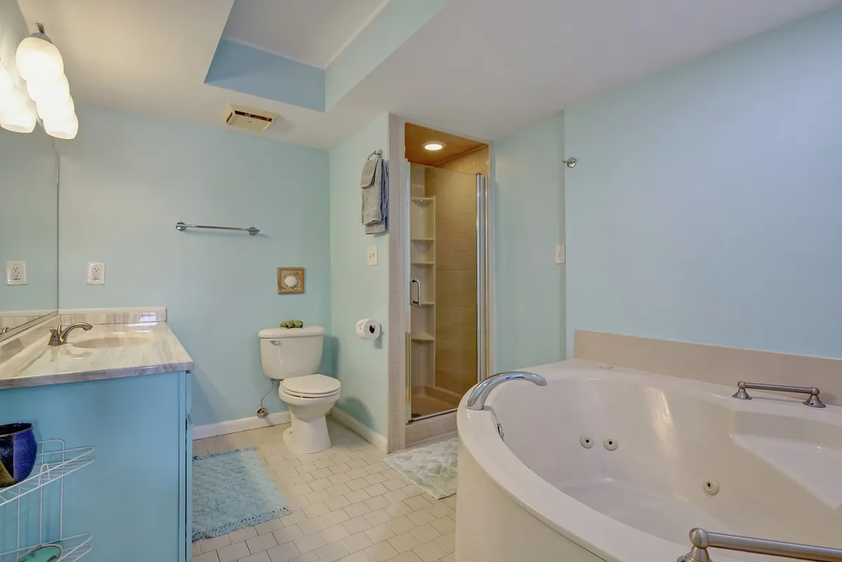 A calming bathroom scene showcasing a spacious bathtub, walk-in shower, and elegant vanity, all bathed in soft, relaxing light. The setting suggests an inviting spa-like experience ideal for relaxation and self-care.